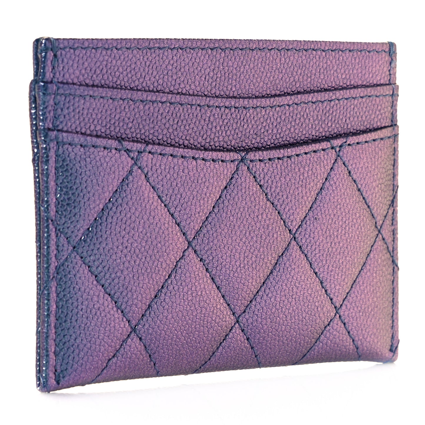 Iridescent Caviar Quilted Card Holder Dark Blue