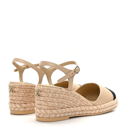 Chanel Lambskin Grosgrain CC Espadrilles Wedges 37 Beige Black 4 of 9