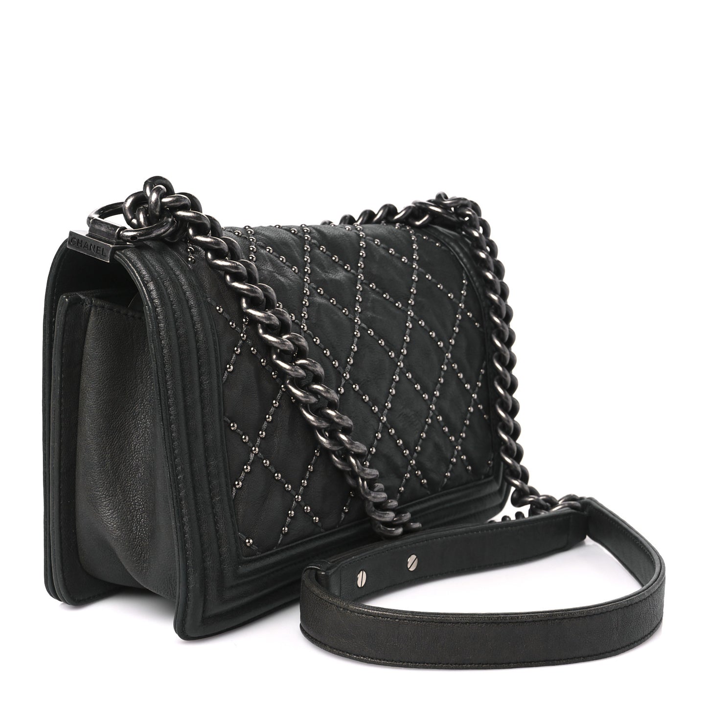 Crumpled Lambskin Medium Studded Boy Flap Black