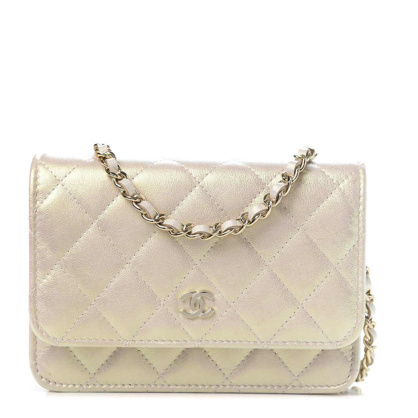 Iridescent Lambskin Quilted Mini Wallet On Chain WOC Ivory