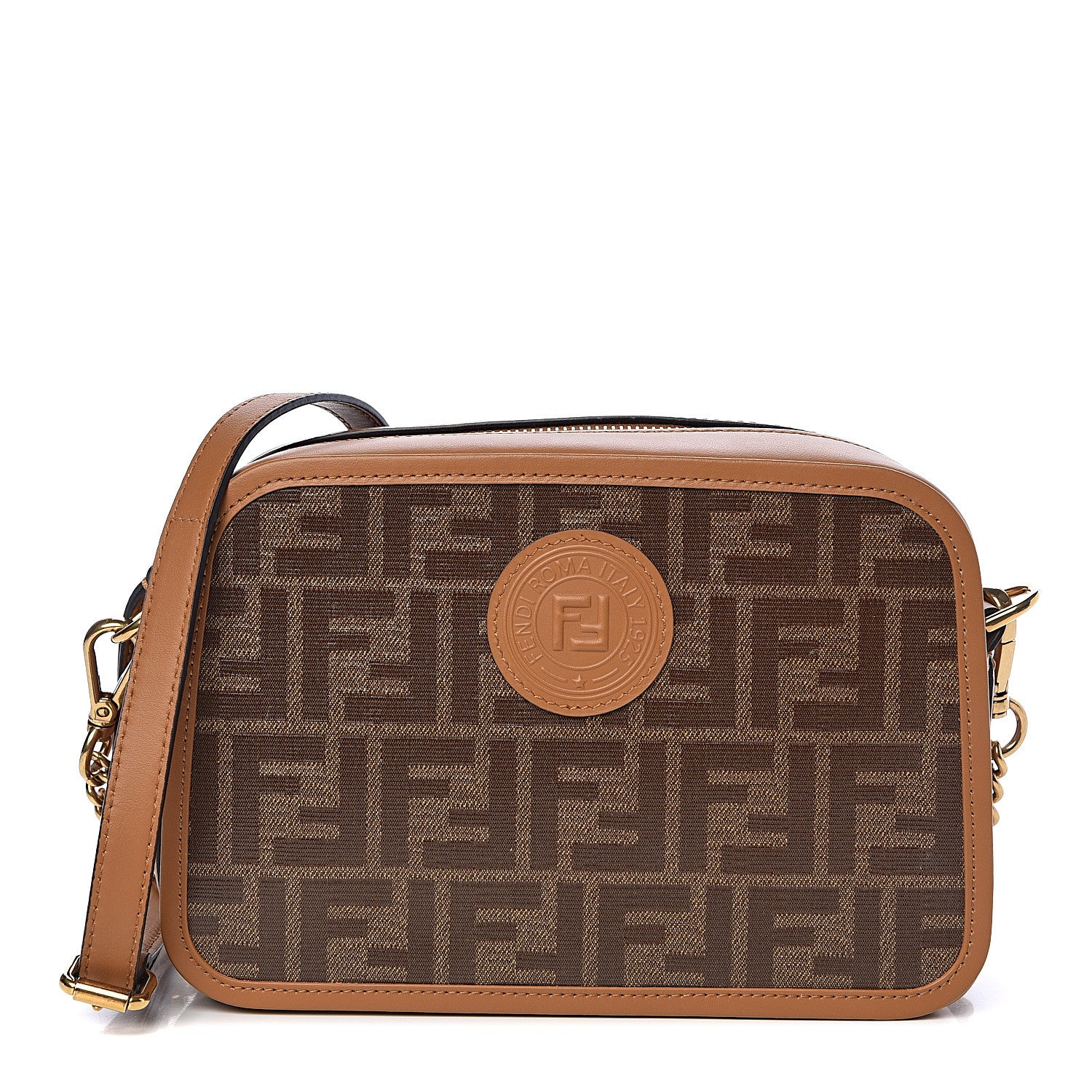 Fendi Glazed Fabric Vitello Century FF 1974 Stamp Patch Camera Case Mogano Panna Caramello 1 of 10