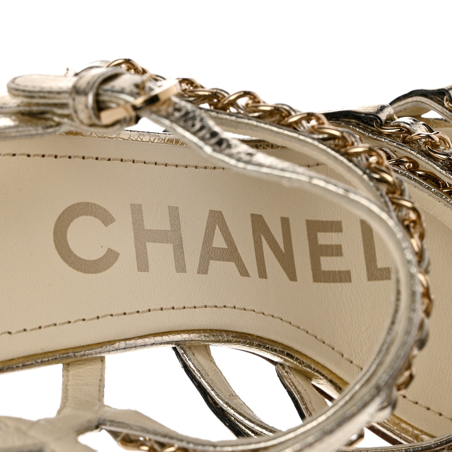 Lame Goatskin Chain Sandals 37 Gold