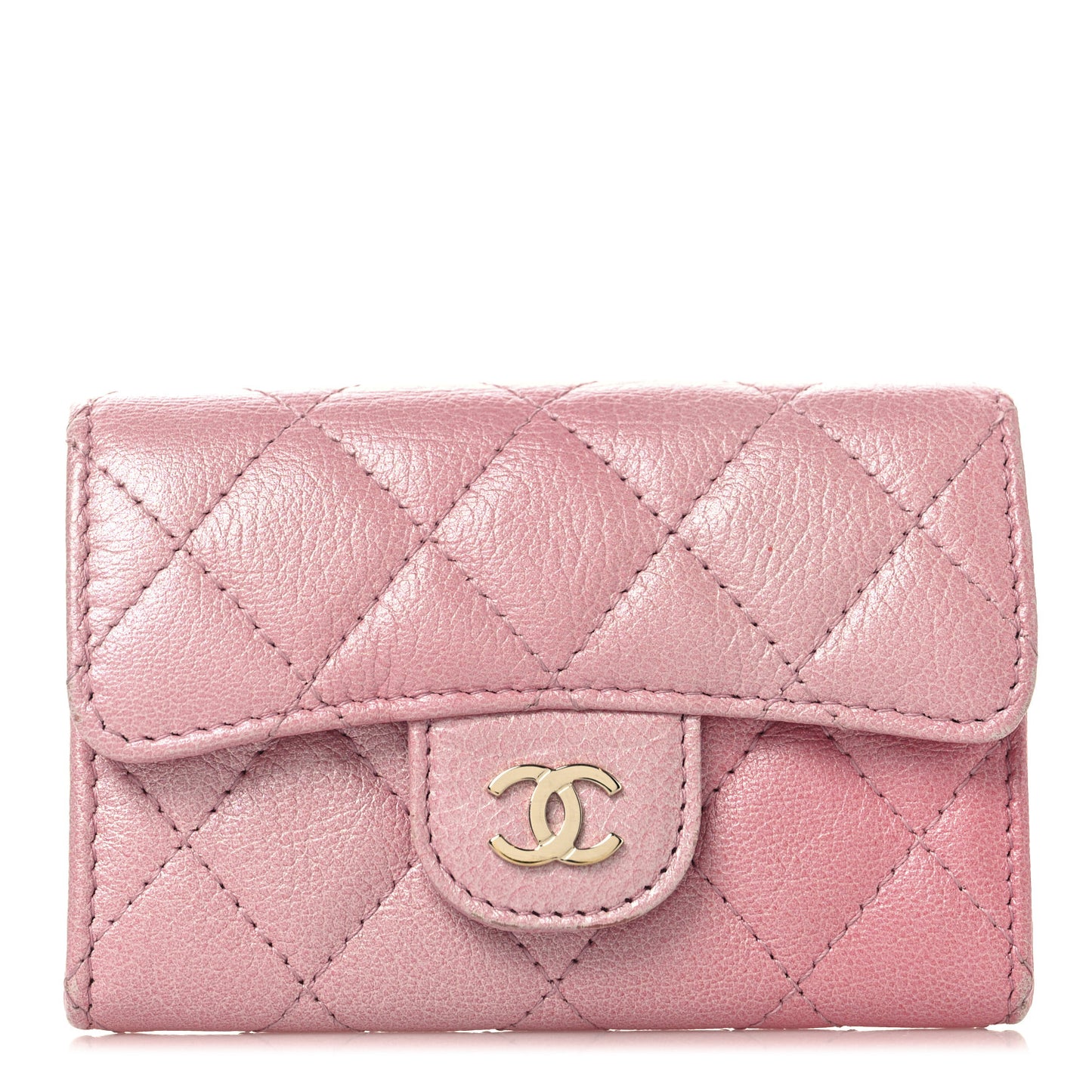 Metallic Lambskin Quilted Flap Card Holder Wallet Pink