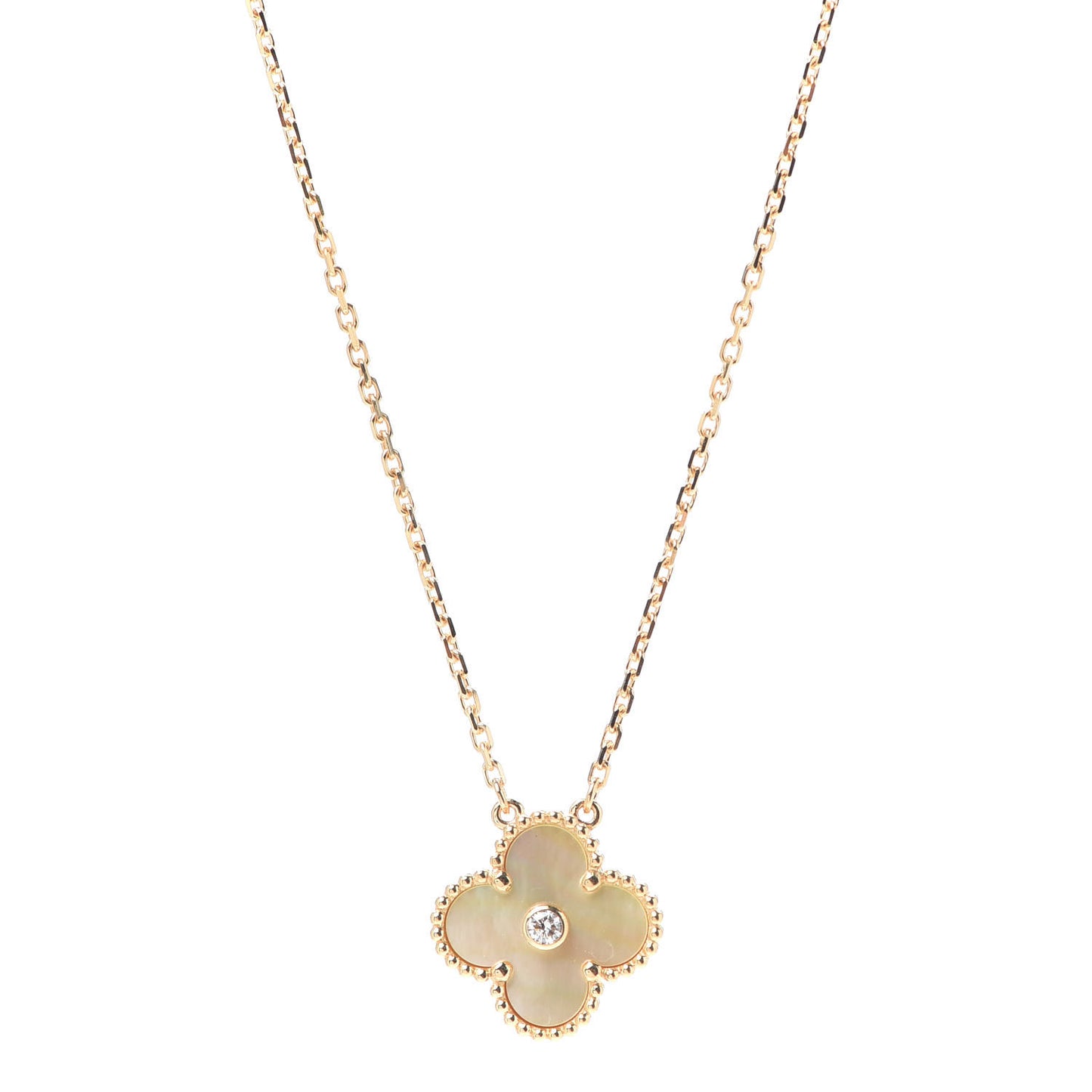 18K Yellow Gold Diamond Yellow Mother of Pearl Vintage Alhambra Pendant Necklace