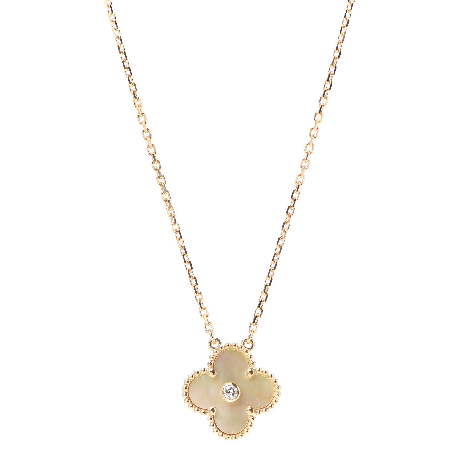 Van Cleef & Arpels 18K Yellow Gold Diamond Yellow Mother of Pearl Vintage Alhambra Pendant Necklace 1 of 8