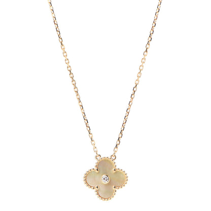 Van Cleef & Arpels 18K Yellow Gold Diamond Yellow Mother of Pearl Vintage Alhambra Pendant Necklace 1 of 8