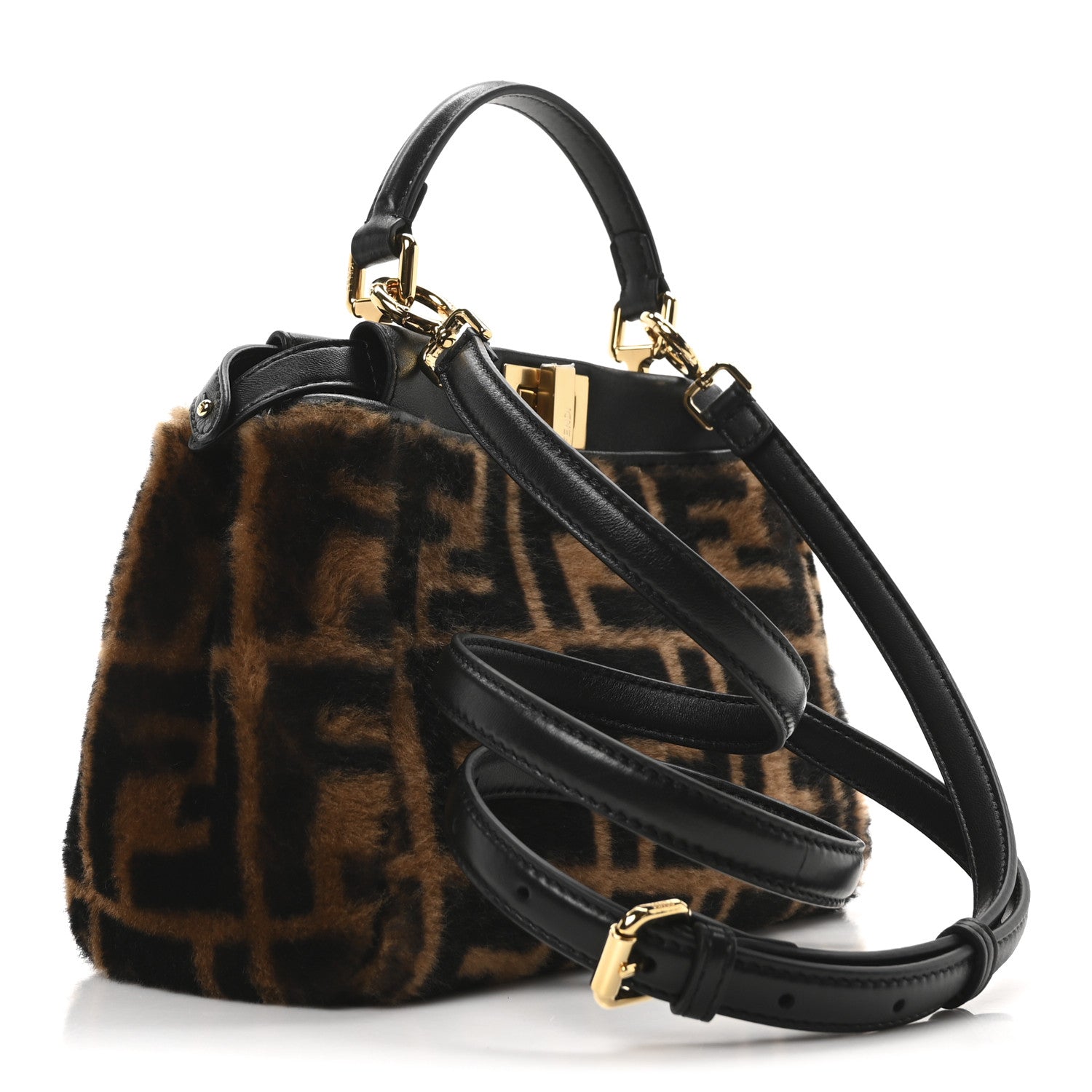 Fendi Shearling Nappa Macro FF 1974 Mini Peekaboo Iconic Satchel Tobacco Black 3 of 9