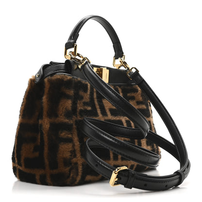 Fendi Shearling Nappa Macro FF 1974 Mini Peekaboo Iconic Satchel Tobacco Black 3 of 9