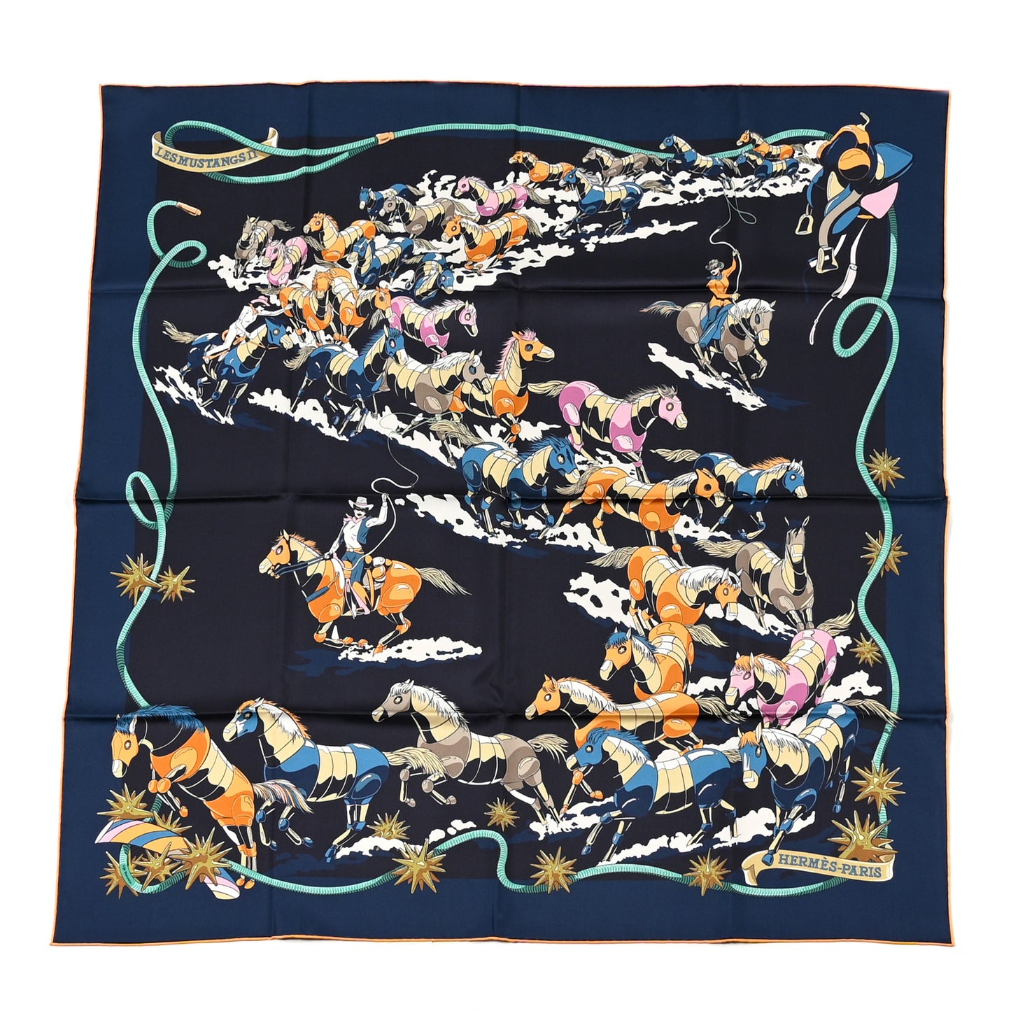 Silk Les Mustangs Double Face Scarf 90 Bleu Noir Mandarine
