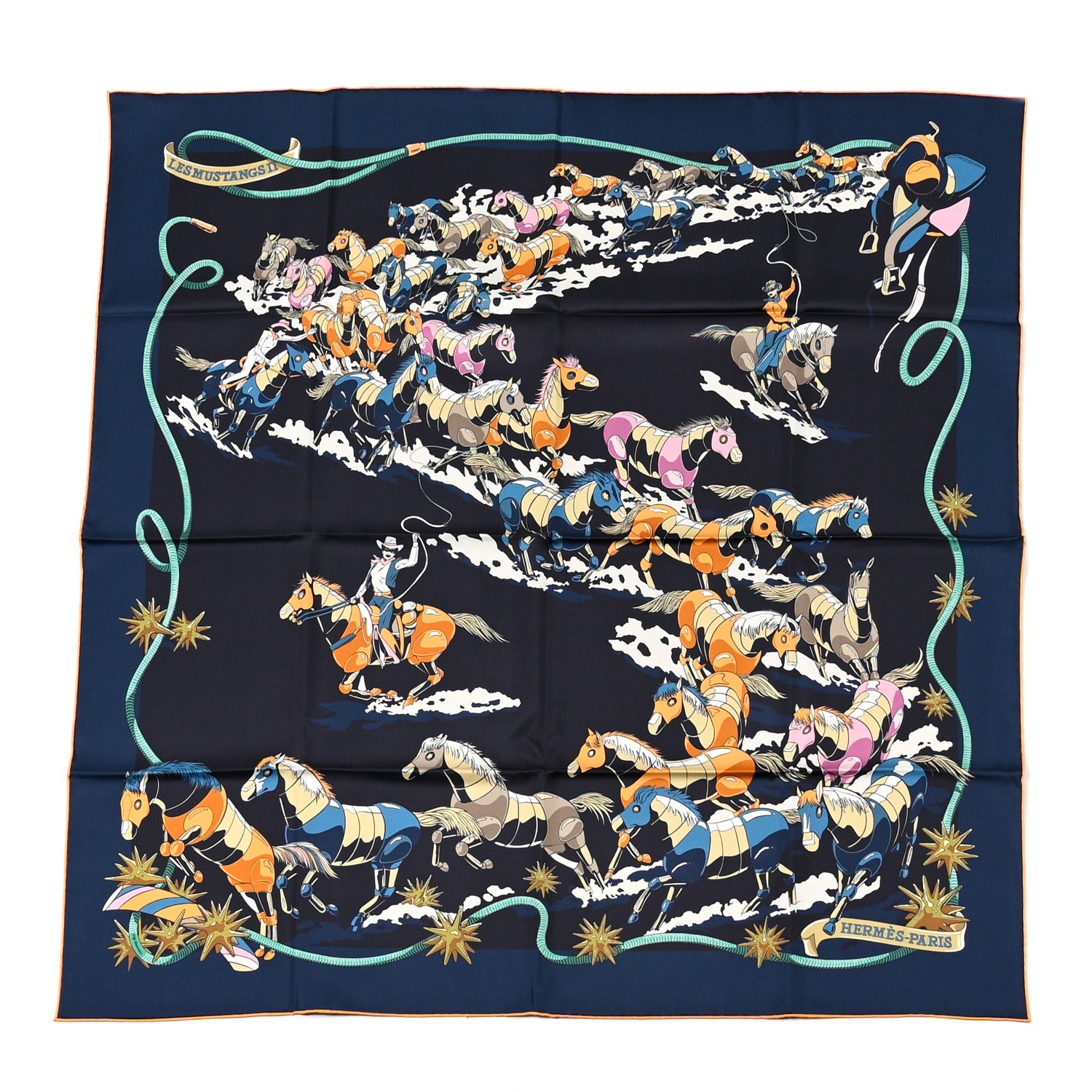 Hermes Silk Les Mustangs Double Face Scarf 90 Bleu Noir Mandarine 1 of 6