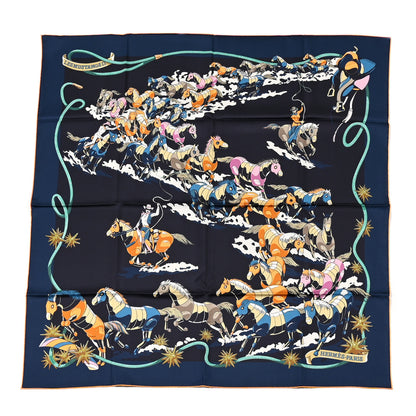 Hermes Silk Les Mustangs Double Face Scarf 90 Bleu Noir Mandarine 1 of 6