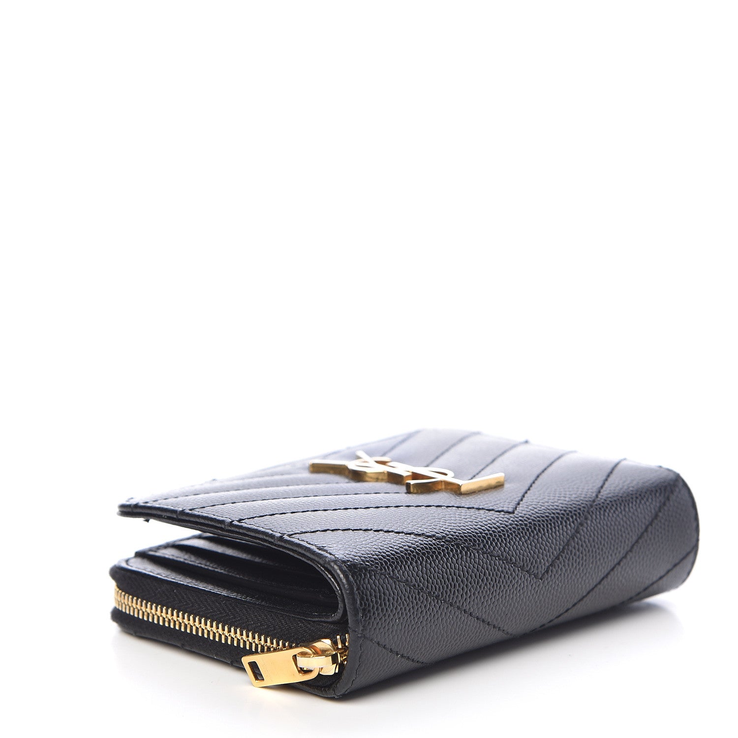 Saint Laurent Grain De Poudre Matelasse Chevron Monogram Compact Zip Around Wallet Black 4 of 11