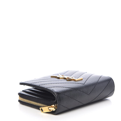 Saint Laurent Grain De Poudre Matelasse Chevron Monogram Compact Zip Around Wallet Black 4 of 11