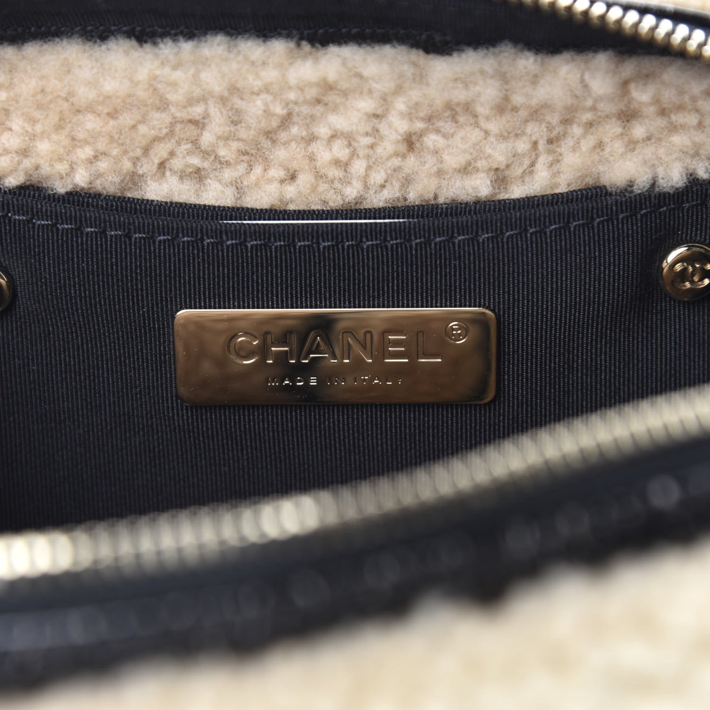 Shiny Crumpled Sheepskin Shearling Waist Bag Black Beige
