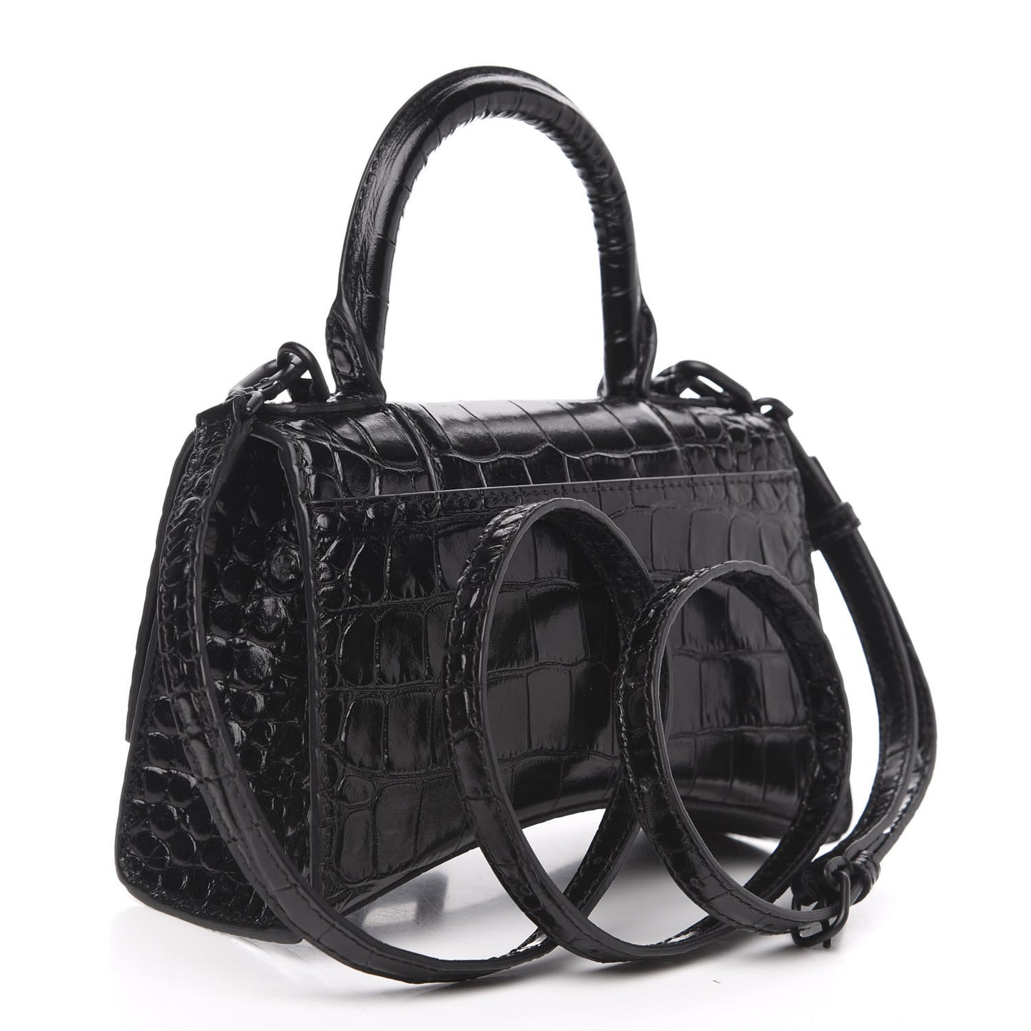 Shiny Calfskin Monochrome Crocodile Embossed Hourglass Top Handle Bag XS Black