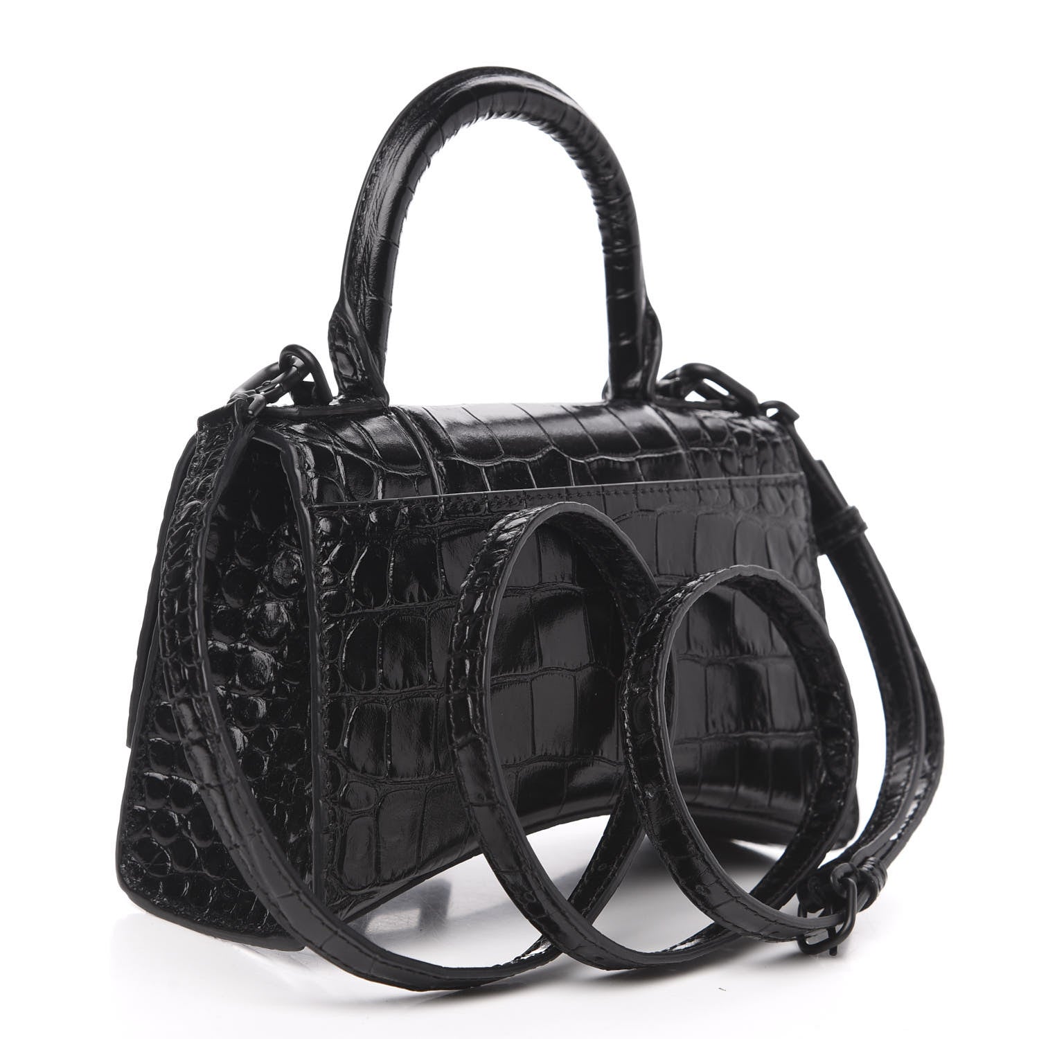 Balenciaga Shiny Calfskin Monochrome Crocodile Embossed Hourglass Top Handle Bag XS Black 2 of 8