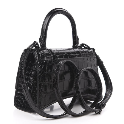 Balenciaga Shiny Calfskin Monochrome Crocodile Embossed Hourglass Top Handle Bag XS Black 2 of 8