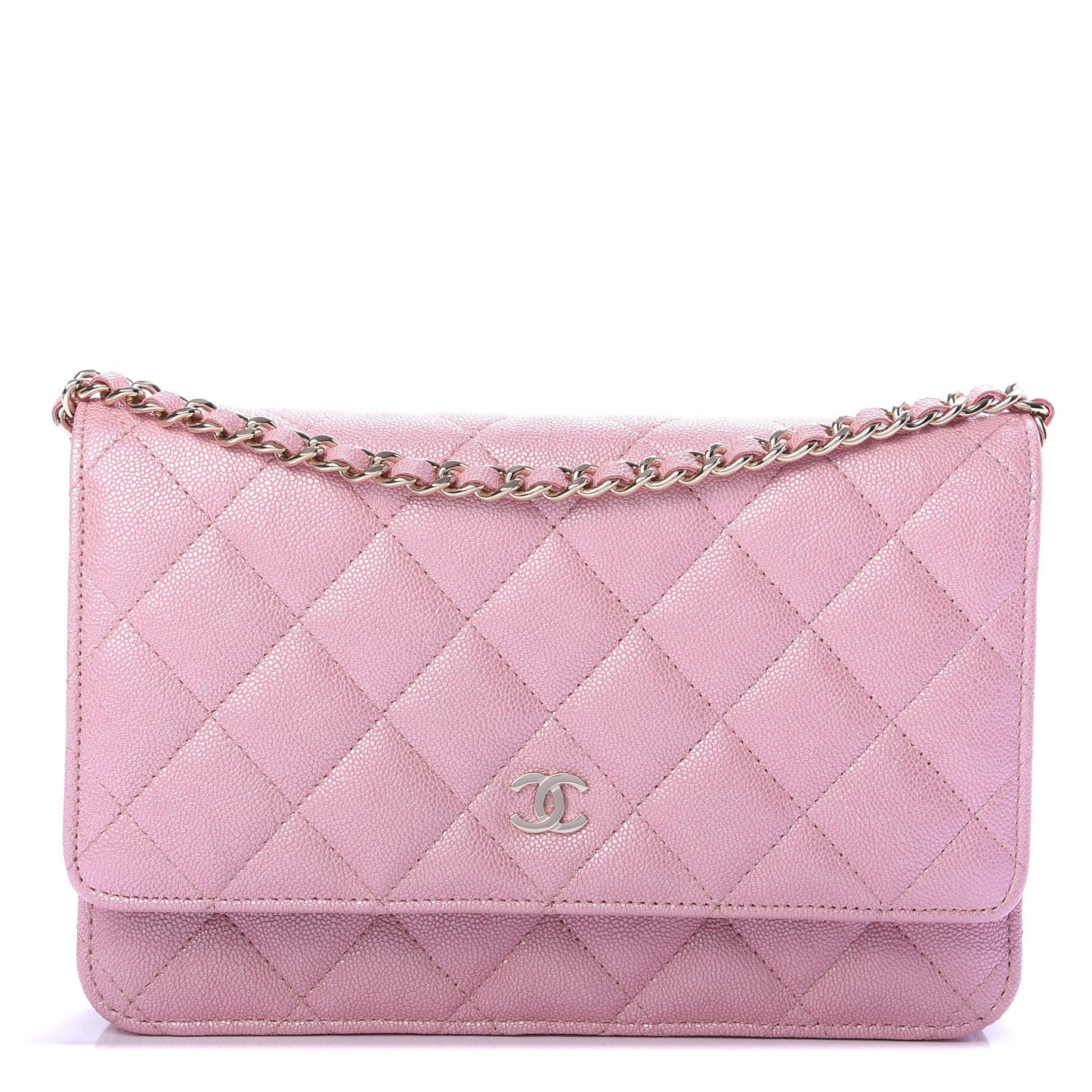 Iridescent Caviar Quilted Wallet on Chain WOC Rose Pink