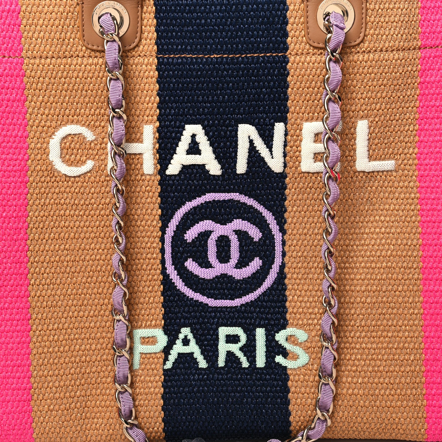 Chanel Straw Raffia Calfskin Striped Large Deauville Tote Dark Beige Fuchsia Navy Blue 8 of 10