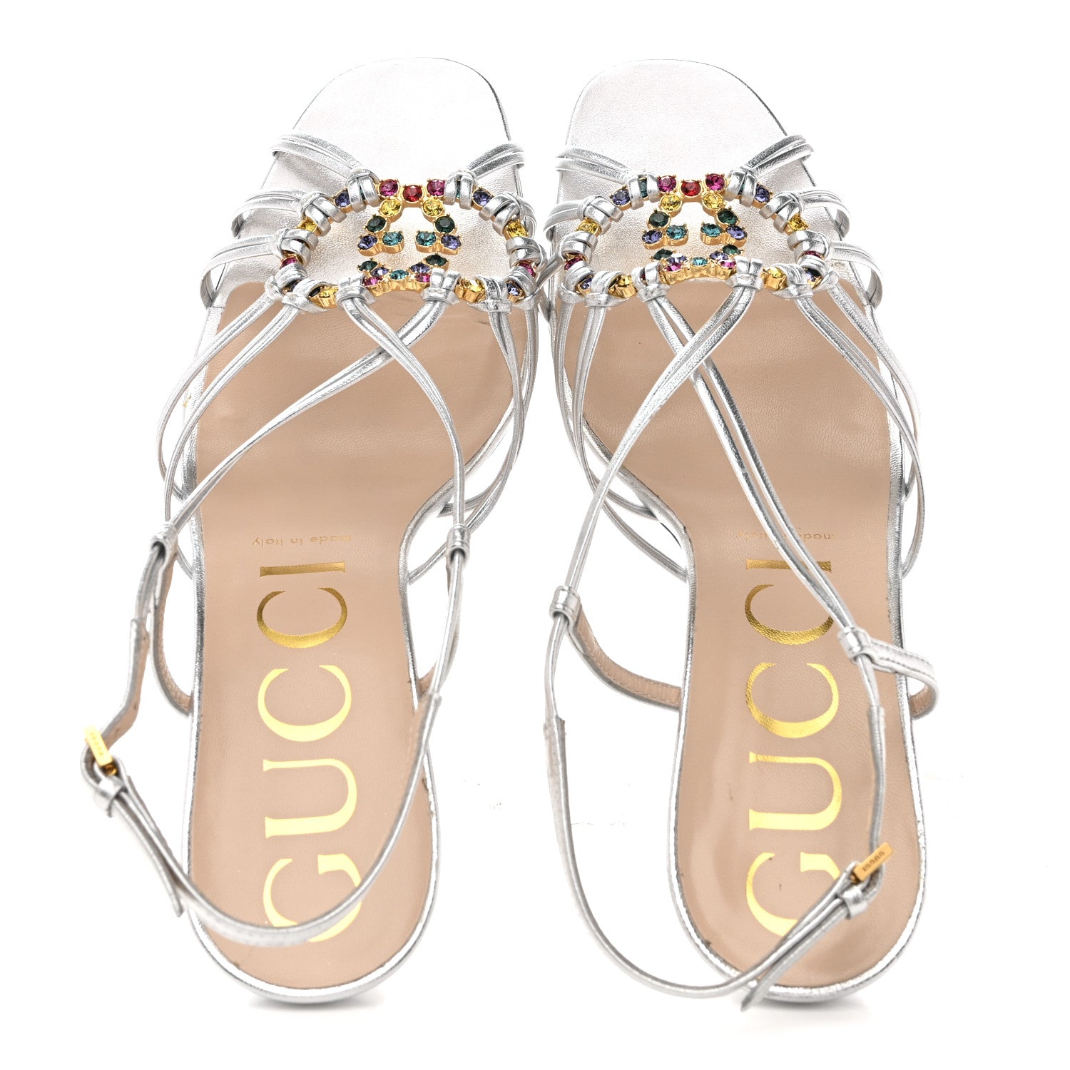 Gucci Metallic Nappa Silk Crystal GG Isa Ankle Strap Mid Heel Sandals 39.5 Silver 2 of 11