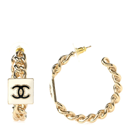 Chanel Metal Enamel CC Square Chain Hoop Earrings Gold White 1 of 5