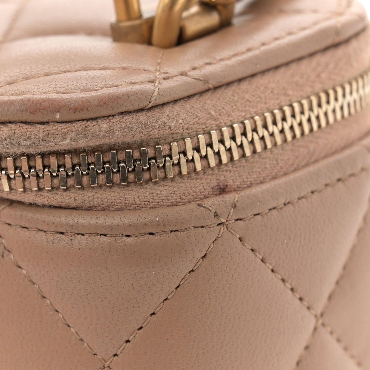 Lambskin Quilted Top Handle Mini Vanity Case With Chain Beige
