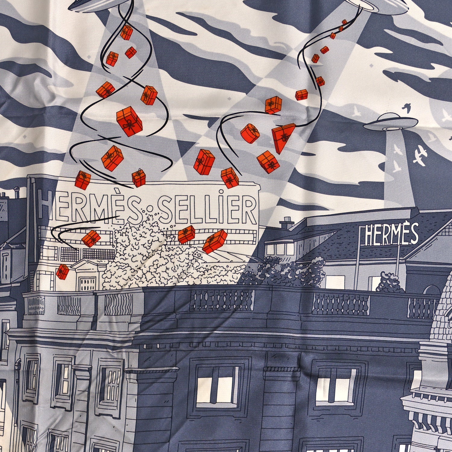 Hermes Silk Space Shopping Au Faubourg Scarf 90 Gris Black Orange 2 of 3
