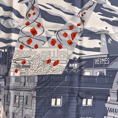 Hermes Silk Space Shopping Au Faubourg Scarf 90 Gris Black Orange 2 of 3