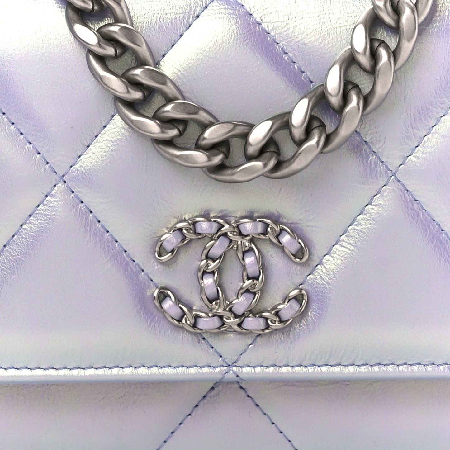 Iridescent Calfskin Quilted Chanel 19 Wallet On Chain WOC Light Purple