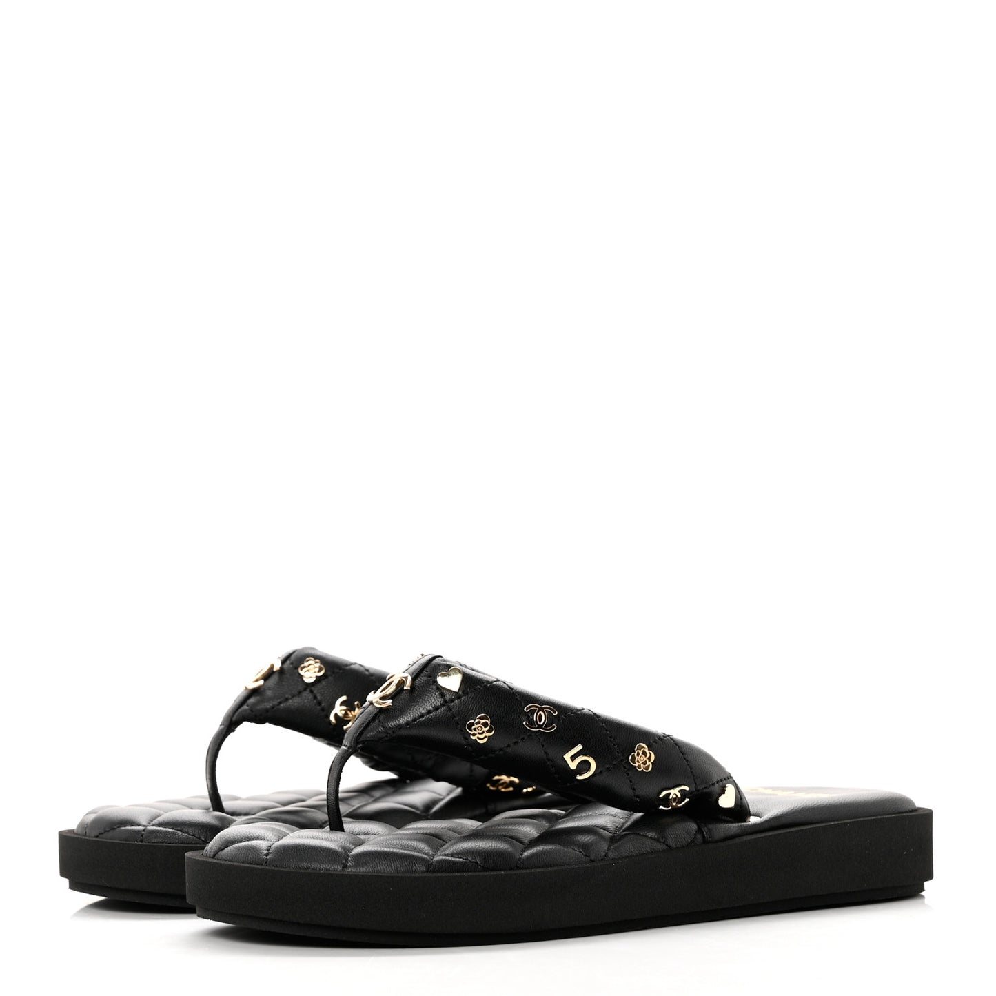 Lambskin Quilted Padded Charms Thong Sandals 37.5 Black