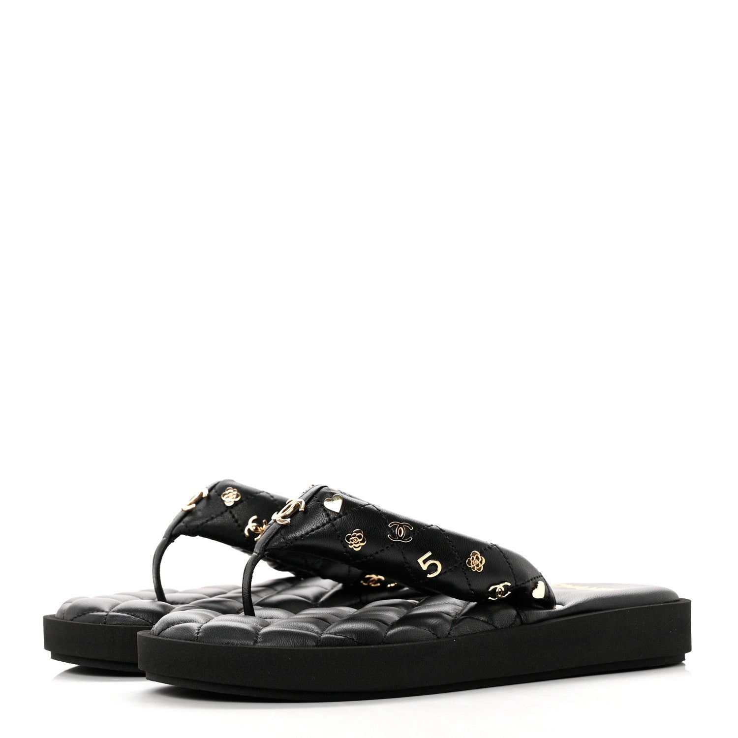 Chanel Lambskin Quilted Padded Charms Thong Sandals 37.5 Black 3 of 8