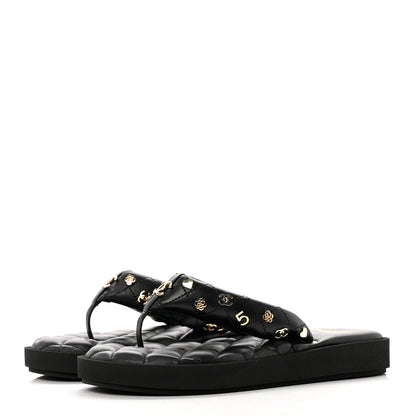 Chanel Lambskin Quilted Padded Charms Thong Sandals 37.5 Black 3 of 8