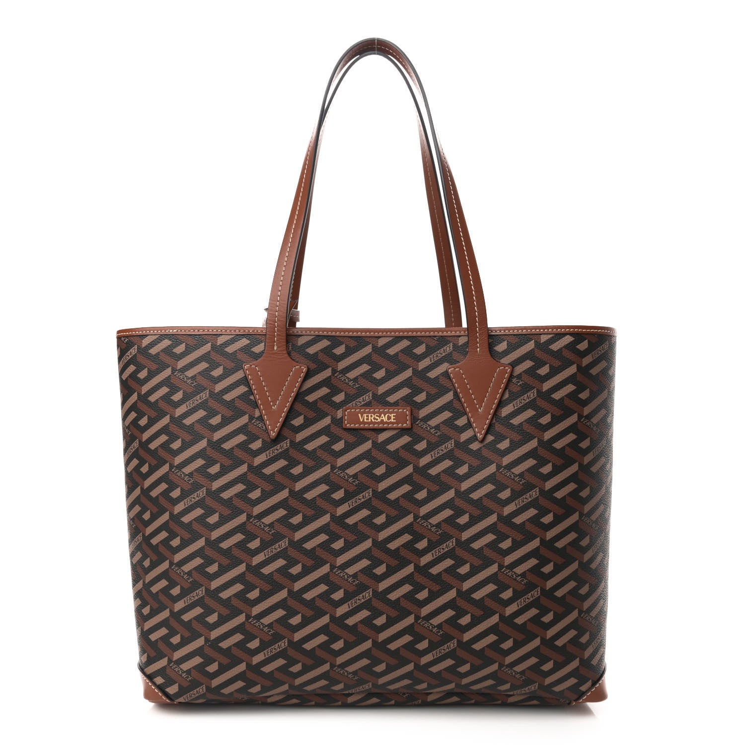 Versace Coated Canvas Calfskin La Greca Signature Shopper Tote Bag Black Caramel 3 of 10