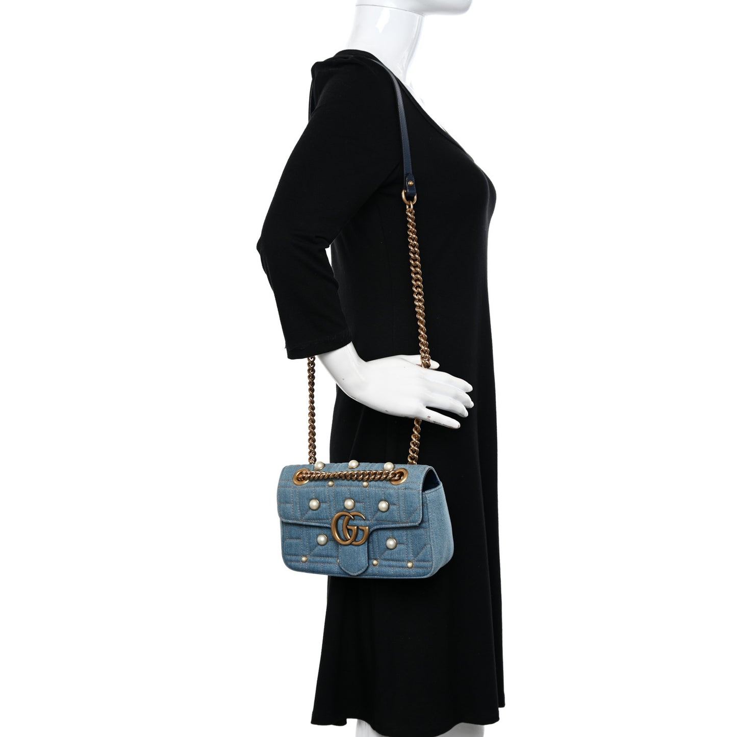 Denim Matelasse Pearl Studded Mini GG Marmont Shoulder Bag Blue