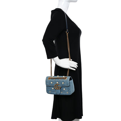 Gucci Denim Matelasse Pearl Studded Mini GG Marmont Shoulder Bag Blue 2 of 10