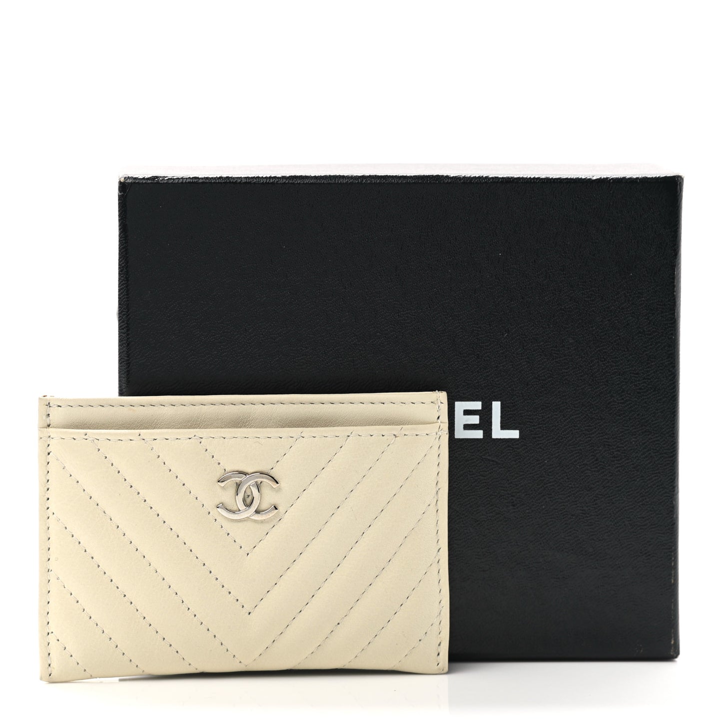 Lambskin Chevron Quilted Card Holder Ivory
