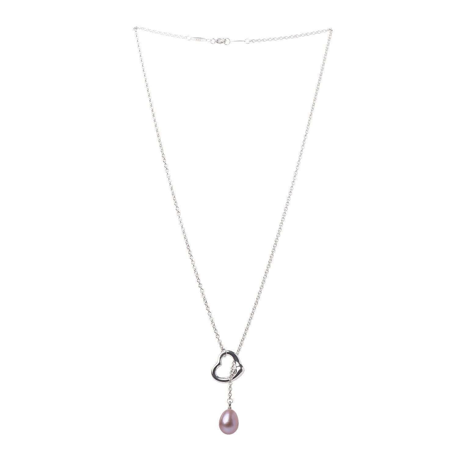 Tiffany Sterling Silver Pink Pearl 9-9.5mm Elsa Peretti Open Heart Lariat Necklace 3 of 8