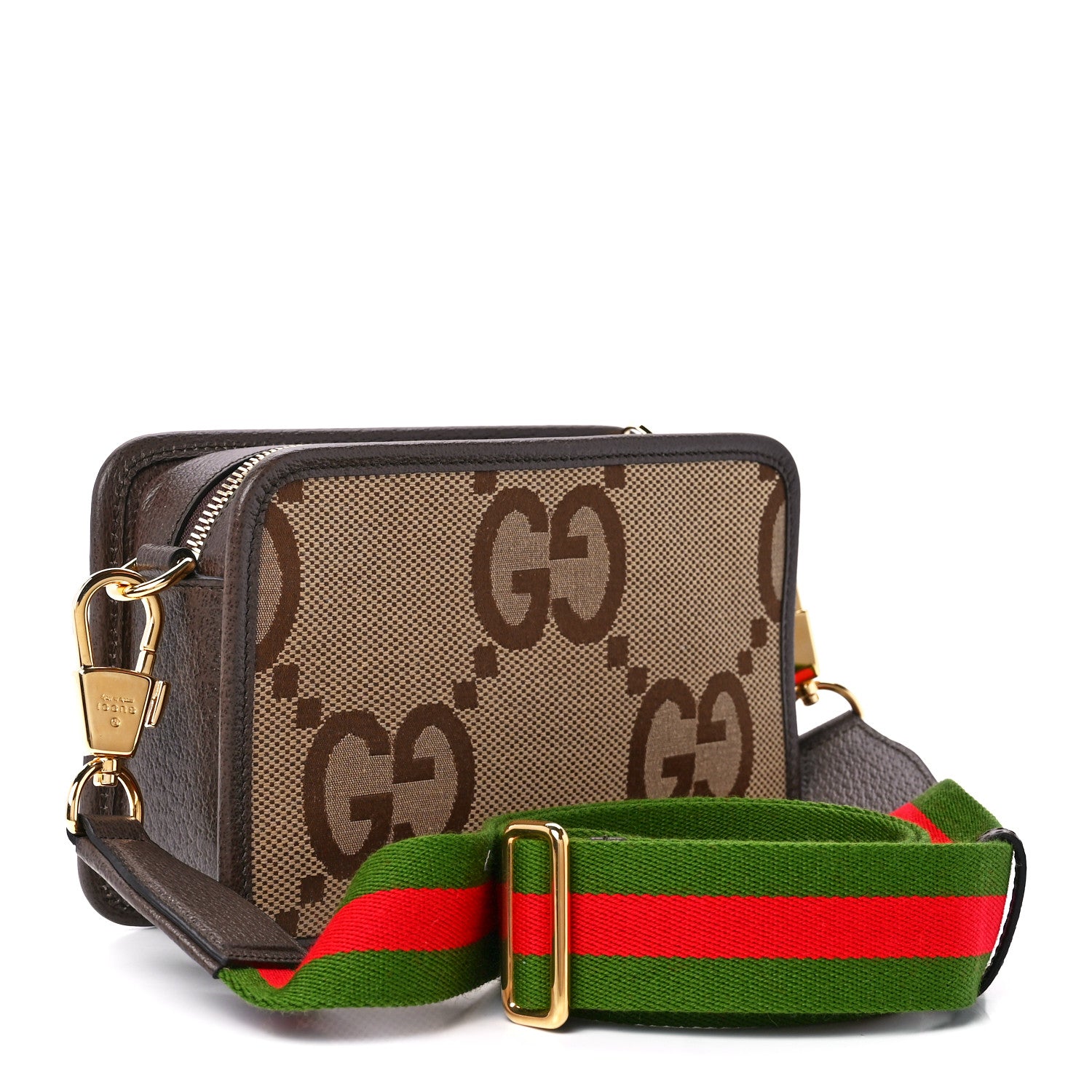 Gucci Monogram Jumbo GG Textured Dollar Calfskin Web Mini Crossbody Bag Camel Ebony New Acero 3 of 12
