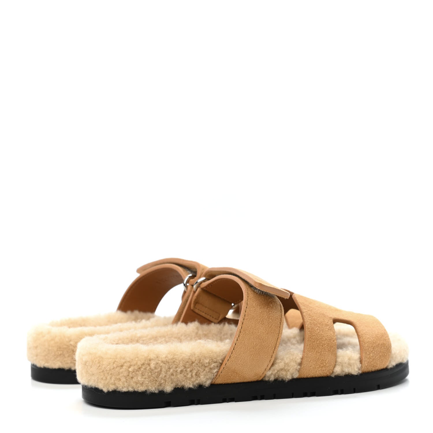 Hermes Suede Goatskin Woolskin Womens Chypre Sandals 35 Golden Beige 3 of 4