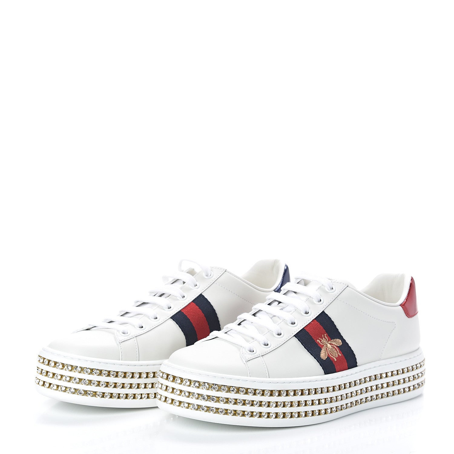 Gucci Calfskin Crystal Web Bee Embroidered Womens Ace Platform Sneakers 39 White 3 of 8