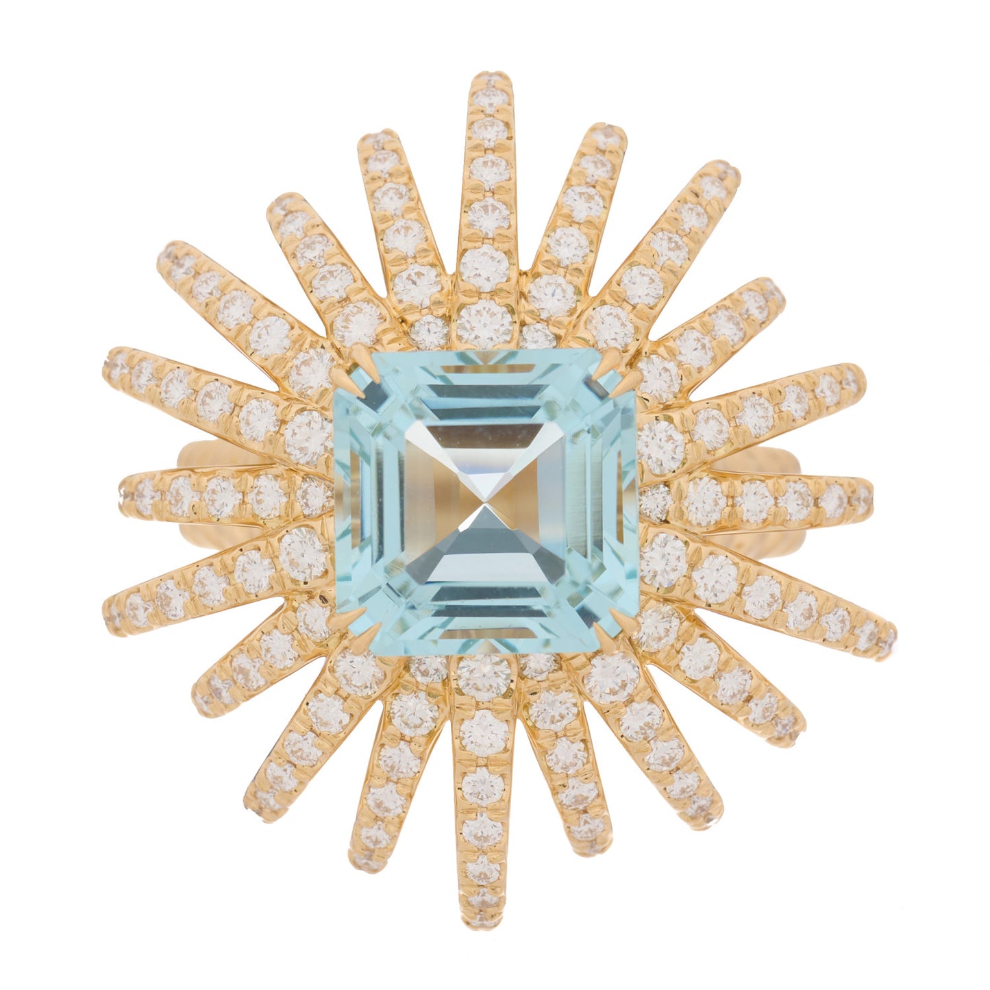 18K Yellow Gold Diamond Aquamarine Starburst Ring 52 6