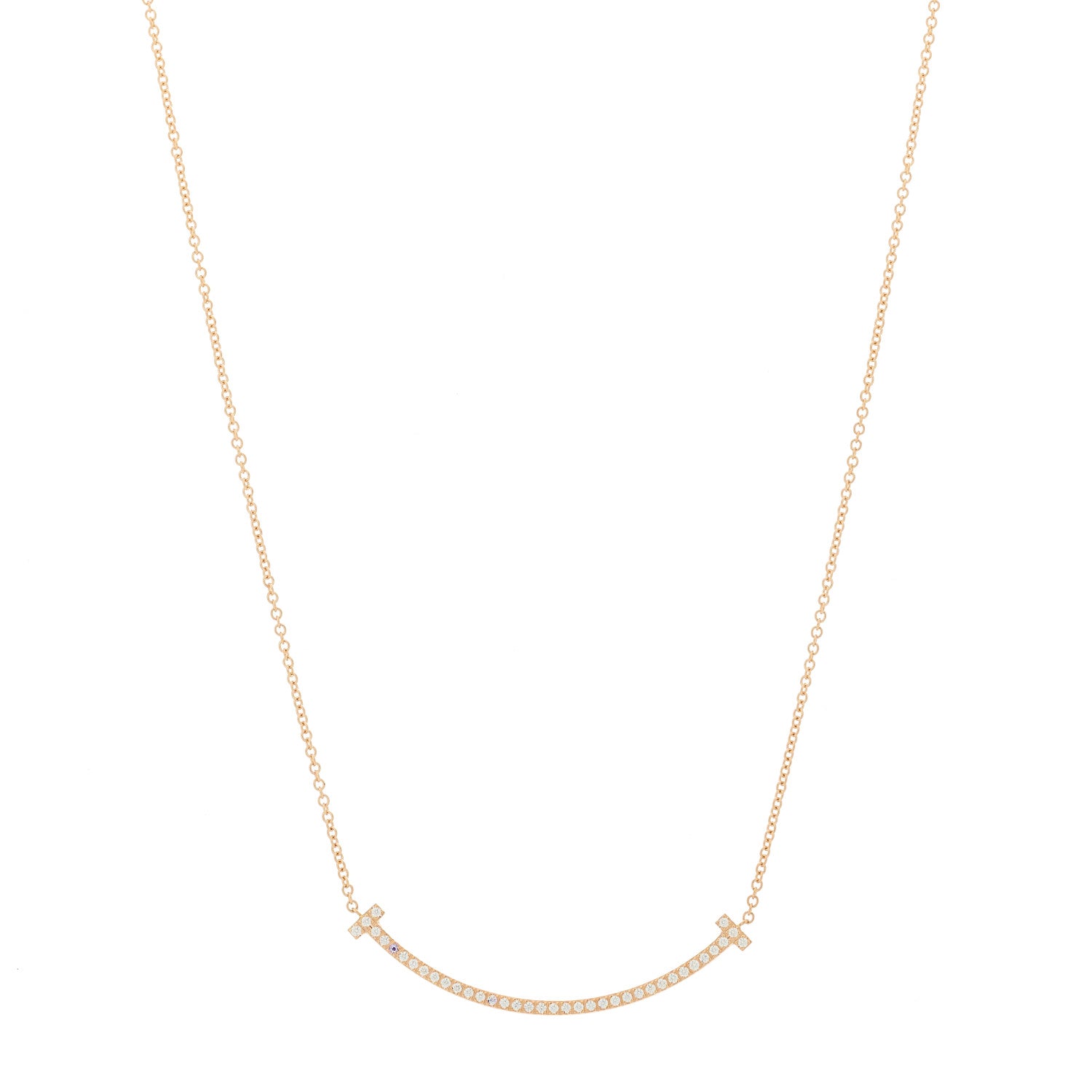 Tiffany 18K Rose Gold Diamond Small T Smile Pendant Necklace 1 of 6