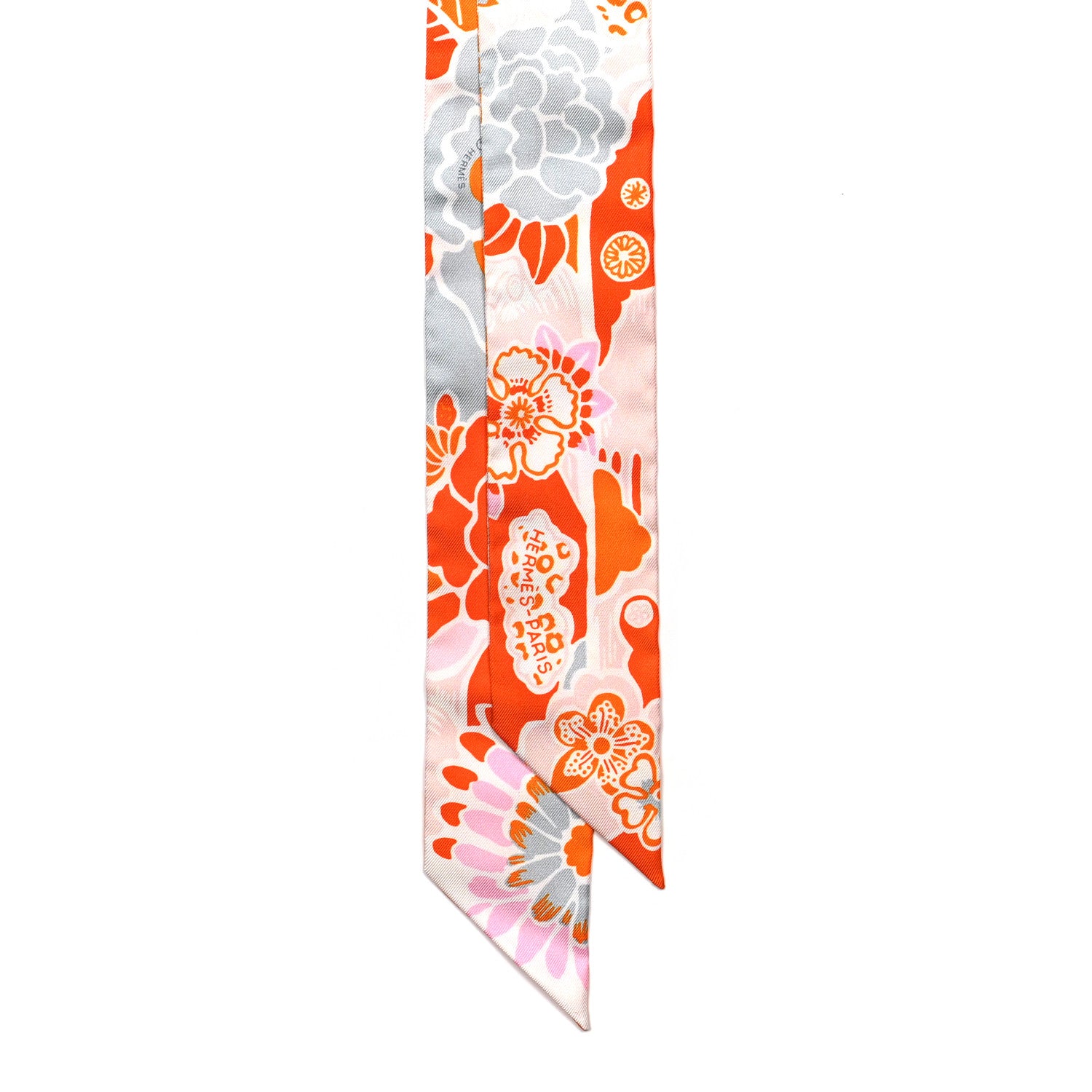 Hermes Silk Bingata Twilly Orange Rose Gris 2 of 5