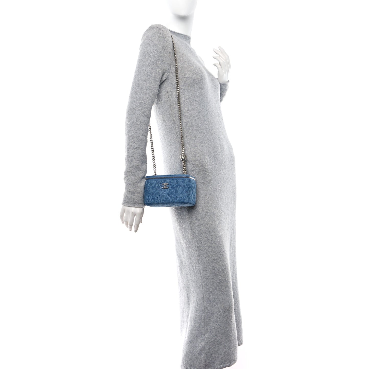 Denim Quilted Sweetheart Small Vanity Case With Chain Blue