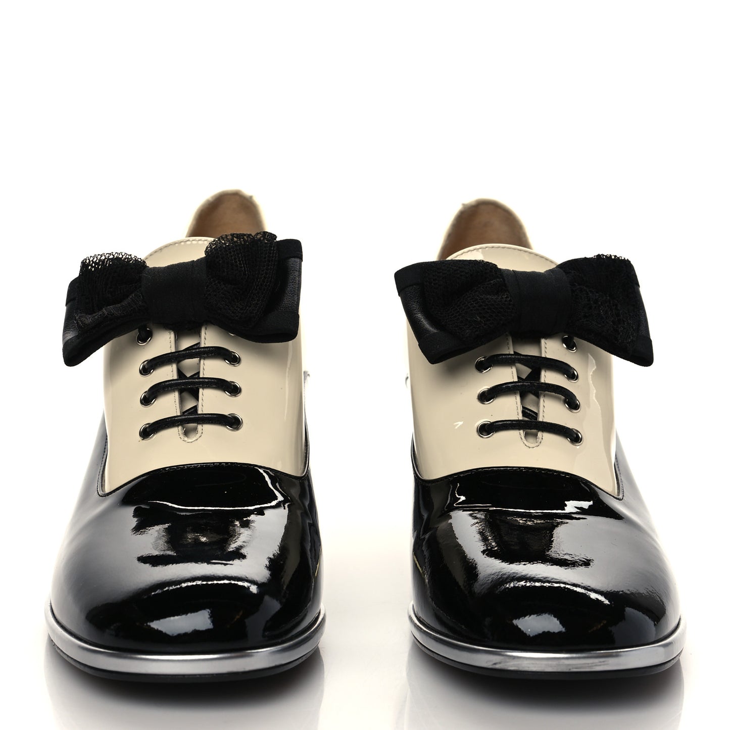 Patent Calfskin CC Bow Lace Up Oxford Pumps 39 Beige Black