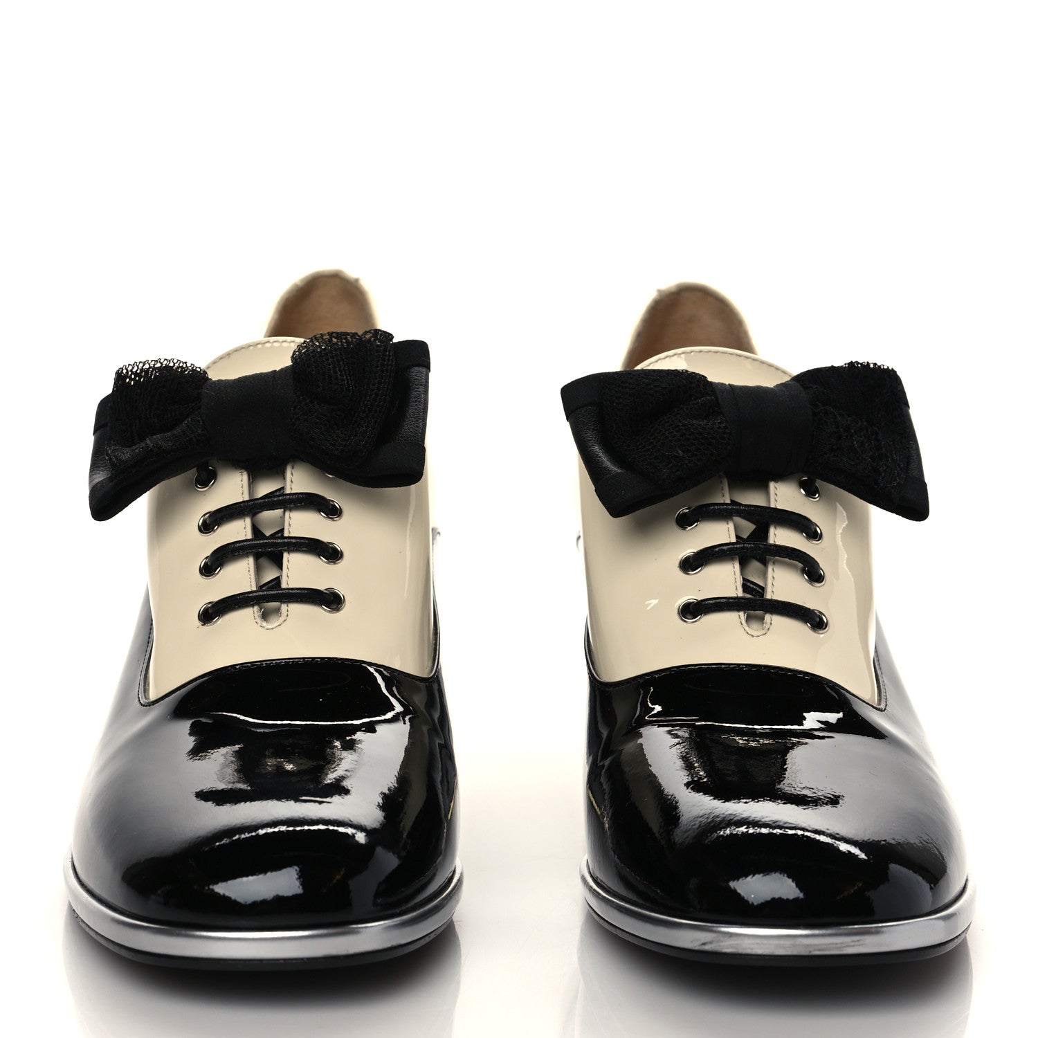 Chanel Patent Calfskin CC Bow Lace Up Oxford Pumps 39 Beige Black 2 of 10