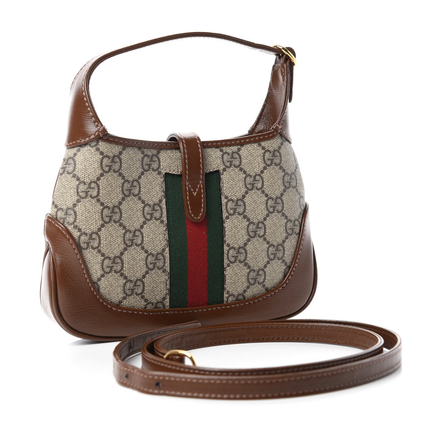 GG Supreme Monogram Azalea Calfskin Web Mini Jackie 1961 Hobo Beige Ebony Brown Sugar