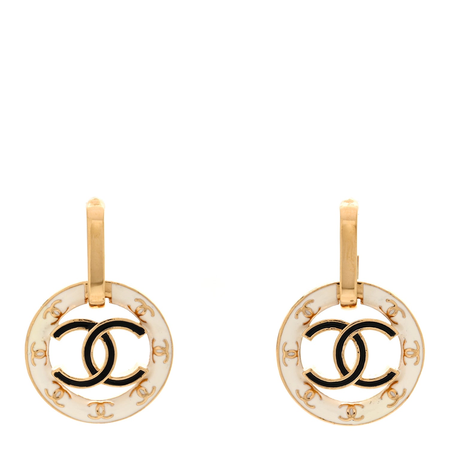 Chanel Metal Enamel CC Round Drop Earrings Gold Black White 1 of 5