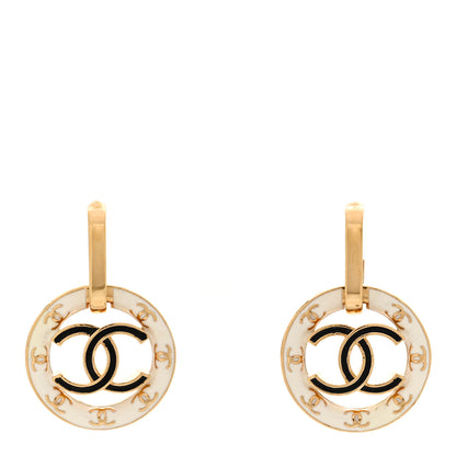 Chanel Metal Enamel CC Round Drop Earrings Gold Black White 1 of 5
