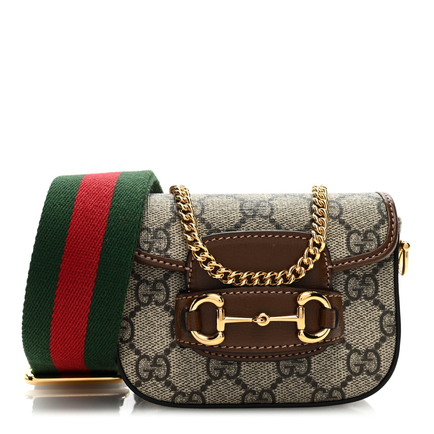 Gucci GG Supreme Monogram Azalea Calfskin Web Horsebit 1955 Wallet On Strap Beige Ebony Brown Sugar 1 of 9